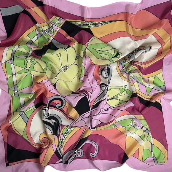 LOREDANO Women's Purple/Green Geometric Floral Leaf Silk LUXURY Scarf - Picture 6 of 9